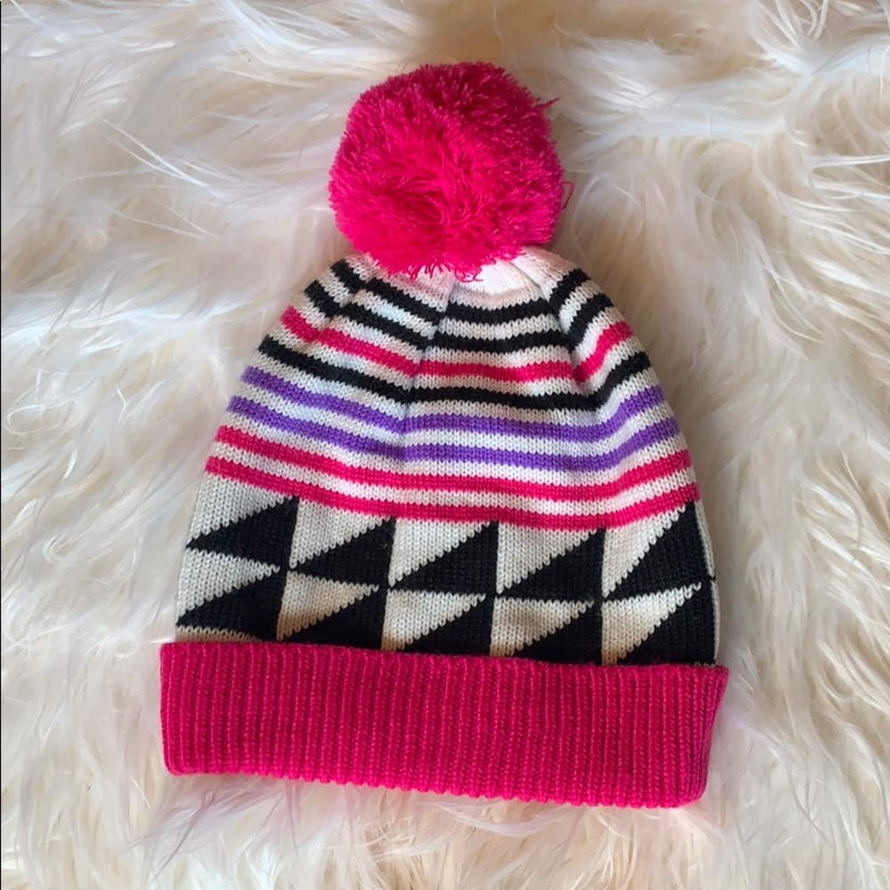 Pink Beanie Pompom Ski Hat 80’s Geo